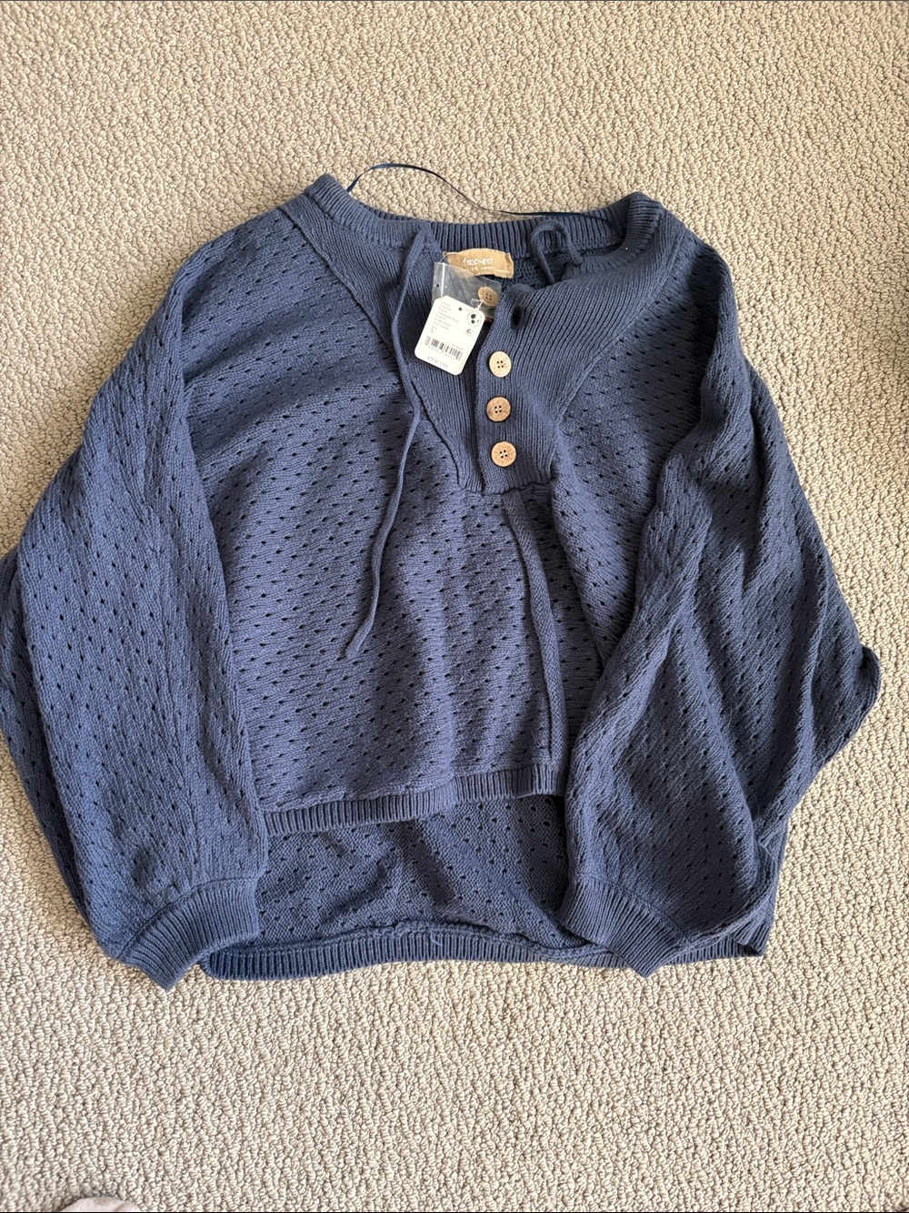 Free People Navy Eyelet Henley Crop Sweater